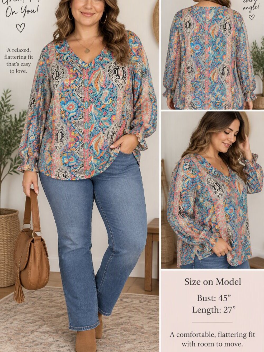 Rapbin Paisley V-Neck Flowy Shirt Top XL Boho Peasant Festival Bohemian Retro